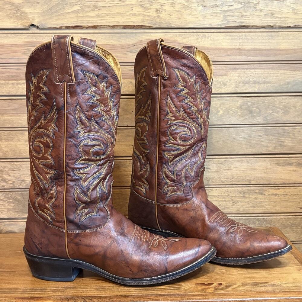 Justin Men’s 1560 Chestnut Marbled Leather Western Boots Flame Stitching Sz 11D